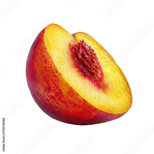 Close-up of a peach half, showing vibrant red and yellow flesh.  A juicy, ripe fruit slice