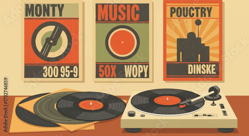 Vintage Record Player Setup with Album Covers and Vinyl Records on a Wooden Surface