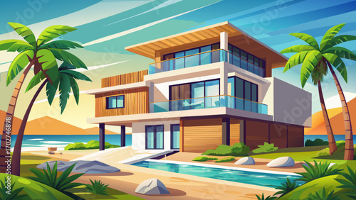 Modern coastal home on a sandy shore, featuring wood-and-concrete façade, open balconies, and swaying palm trees, embracing natural light and sea breeze.