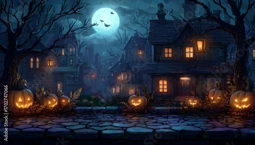 Halloween night scene with pumpkins and houses under a full moon.