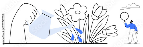 Hand pours water onto blooming flowers using a watering can, drops falling gently. Person stands nearby with a balloon. Ideal for growth, care, nurturing, environment, simplicity, positivity simple