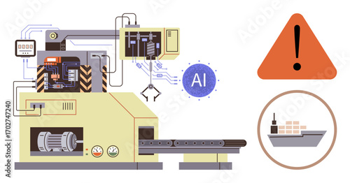 Automated conveyor machine using AI technology, robotic arm operations, warning sign, and shipping truck icon. Ideal for technology, industry, automation, logistics, AI safety production flow