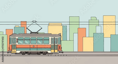 Vintage tram moving through a cityscape with colorful buildings in the background, illustration
