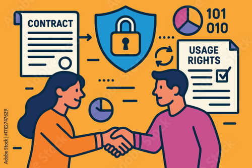 Business partners shaking hands over contract and usage rights agreement