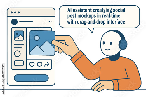 Ai robot creating social media post mockups with drag and drop interface