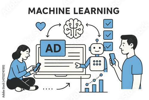 Machine learning concept with people robot brain and data visualization