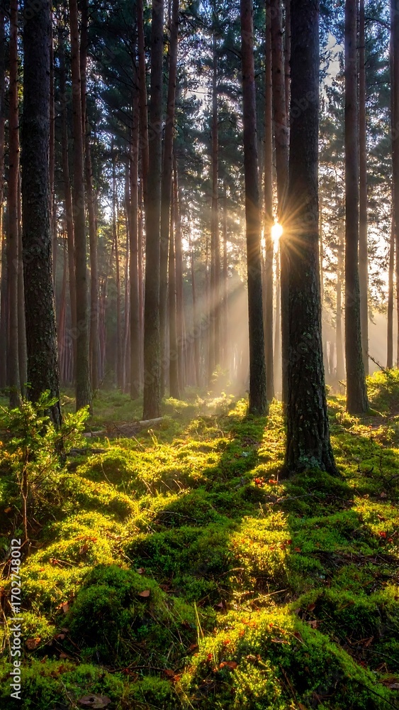 Naklejka premium Sunlight streams through a mossy forest (3)