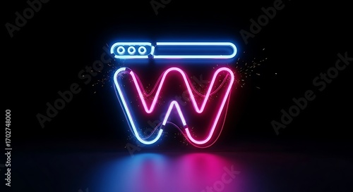 Vibrant neon pink and blue letter W, illuminated against a dark background, with sparks.