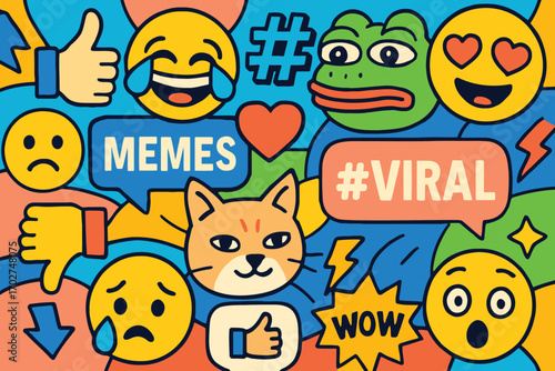 Vibrant doodle collage of popular internet memes and social media icons