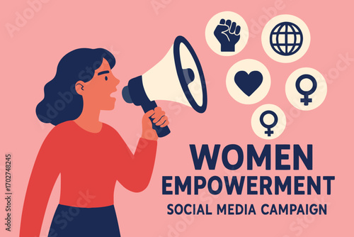 Woman with megaphone announcing women empowerment social media campaign