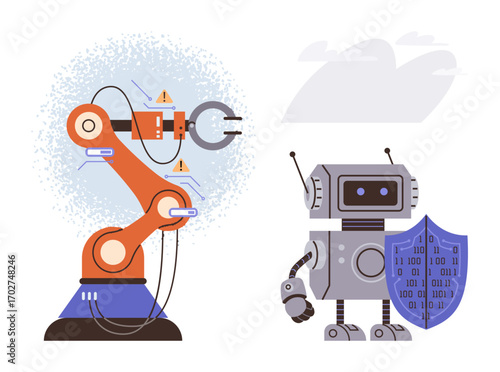 Robotic arm performing task with precision, robot holding shield with binary code. Ideal for AI, technology, automation, safety, cybersecurity, machine learning and robotics concepts. Clean flat