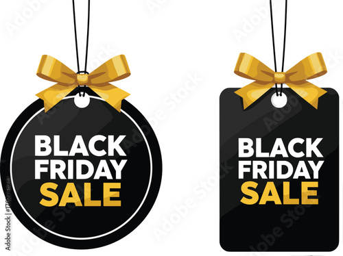Black Friday sale tags with golden ribbon bows, round and rectangular glossy labels, festive discount labels for shopping promotion