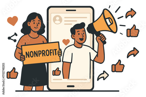 People promoting a nonprofit organization on social media with a megaphone