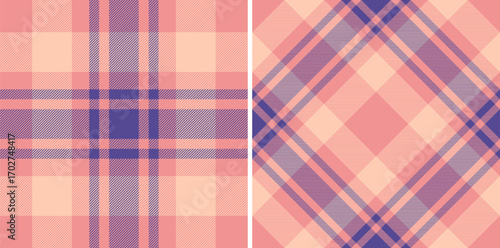 Elegant plaid patterns in calming peach and purple hues. Classic textile design offers warmth, comfort, and heritage. Ideal for backgrounds, fashion, and design.