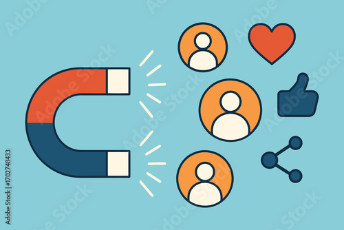 Magnet attracting people icons and social media engagement symbols