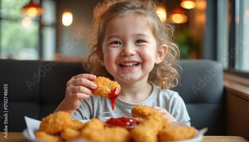 Cute toddler girl with dimples joyfully eats crispy chicken nuggets dipped in ketchup. She sits in a cafe booth, enjoying a delicious meal in warm, bright, cheerful atmosphere with natural lighting.