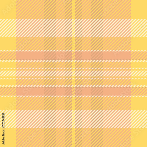 Present check texture fabric, kilt textile pattern tartan. Structure plaid seamless vector background in orange and yellow colors.