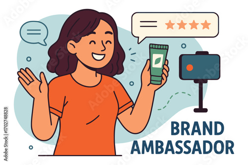 Happy brand ambassador holding product and reviewing with five star rating