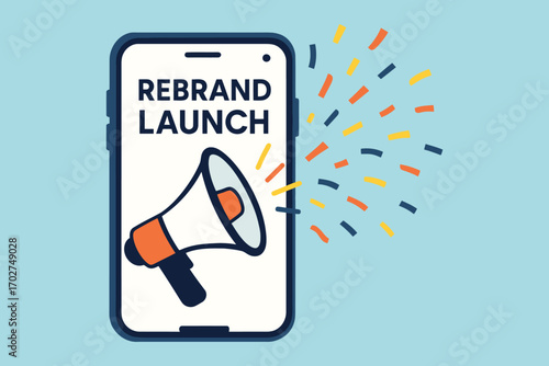 Mobile phone screen displays rebrand launch with a megaphone and confetti