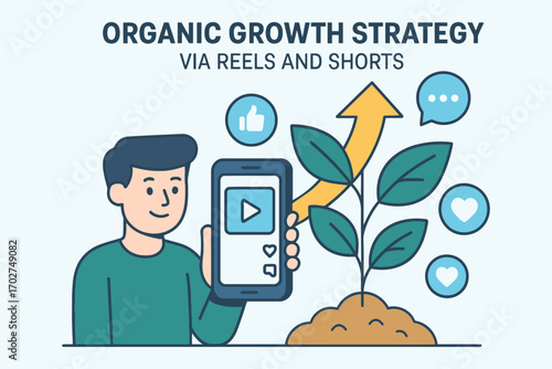Man uses smartphone for organic growth strategy via reels and shorts