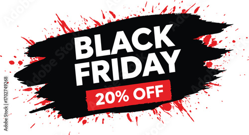 Black Friday sale brush banner, 20% off promo label, red splash background, bold grunge design, retail discount campaign template