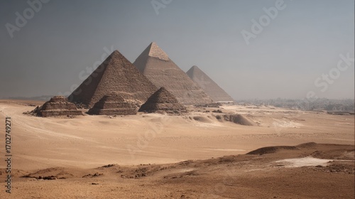 Ancient pyramids rise from sandy expanse under hazy sky smaller structures dot the foreground