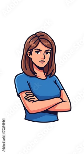 A confident woman with arms crossed, showcasing a determined and serious expression.