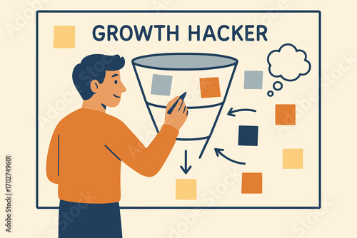 Growth hacker strategizing marketing funnel with sticky notes and ideas