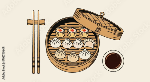 Traditional Asian Dim Sum Illustration A delightful arrangement of steamed dumplings and bao buns in a bamboo steamer, alongside chopsticks and savory dipping sauce