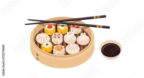 Delicious Dim Sum Dumplings in Bamboo Steamer with Chopsticks and Soy Sauce on White Background