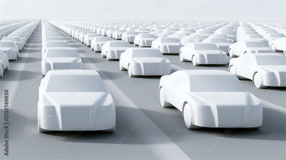 Fototapeta premium White concept cars in futuristic parking lot, minimal automotive design symbolizing technology, innovation, sustainability, mobility and modern lifestyle with abstract copy space.
