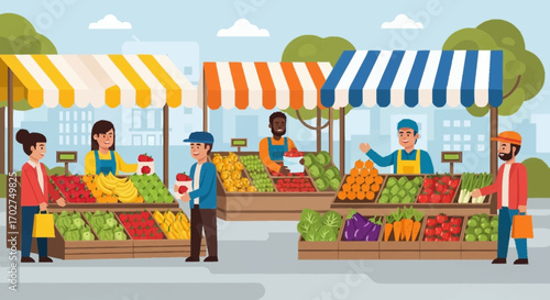 Diverse people shop for fresh produce at a bustling outdoor market with colorful stalls