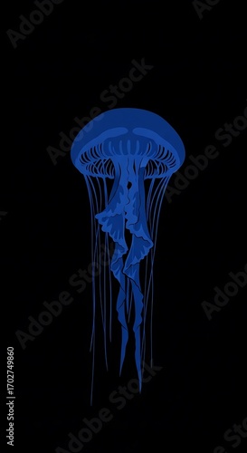 A vibrant, deep-blue jellyfish, detailed against a stark black backdrop, evokes a sense of mystery and wonder.