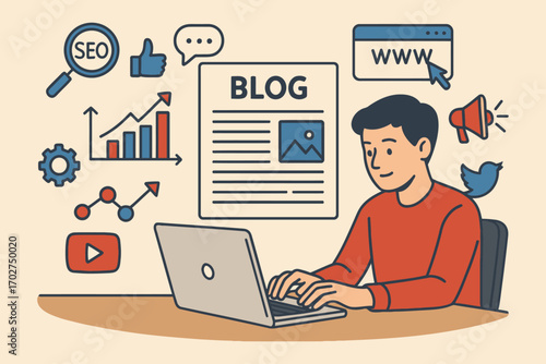 Man working on laptop with blog post surrounded by digital marketing icons