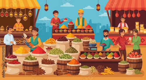 Bazaar Spice Market with Vendors and Vibrant Display of Spices