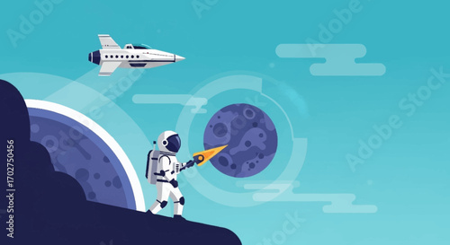 Astronaut exploring a new planet while a spaceship flies by in the starry sky with a nebula