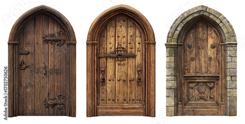 Three antique, wooden doors with gothic arches.  Each door features weathered wood,  metal hardware, and intricate details.  One door is flanked by stone