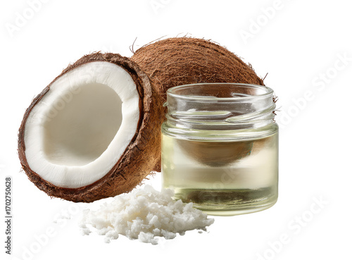 Two halves of a coconut, a jar of coconut oil, and shredded coconut
