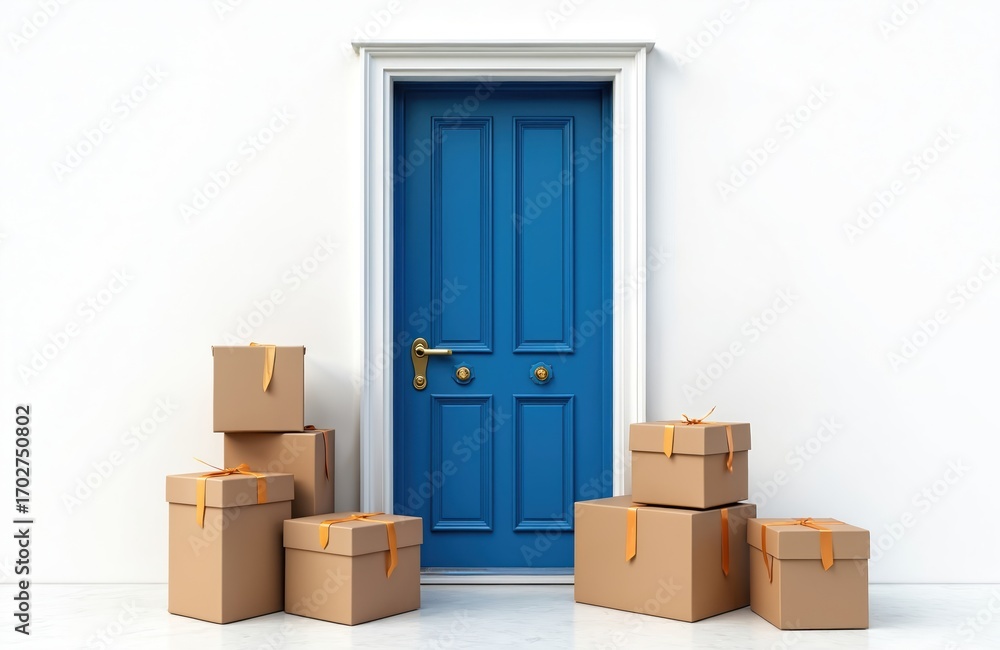 Fototapeta premium Cardboard boxes delivered to blue door. Packages with ribbons on white wall background. Online shopping, e-commerce concept. Delivery service, postal service, home delivery.