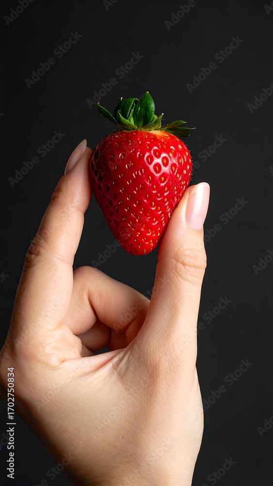 Obraz premium Hand holding a bright red strawberry