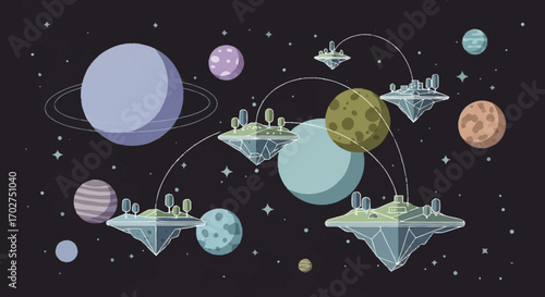 Fantastical celestial system with interconnected floating worlds and orbiting planets against a starry background
