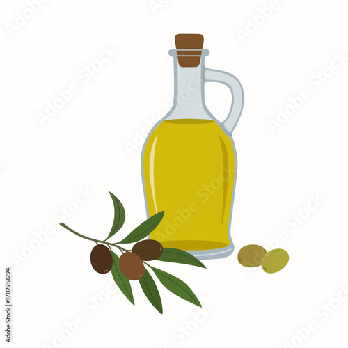 Glass bottle with olive oil and black olive branch. Hand drawn vector illustration isolated on white background, flat cartoon style.