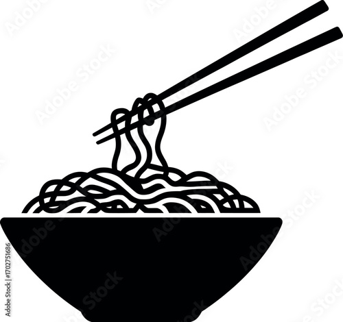 Black silhouette of noodles in bowl with chopsticks