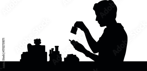 Person collecting stamps silhouette hobby