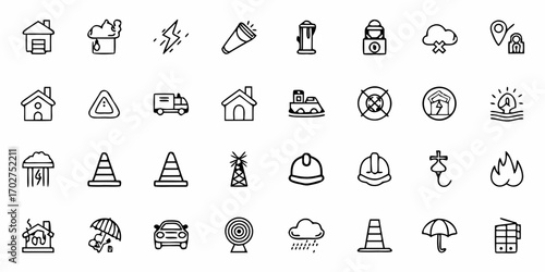 Emergency Icons Presenting Safety and Caution, Ideal for Weather Alerts, Construction, and Disaster Preparedness Visuals, Originally a Scalable Vector Graphic