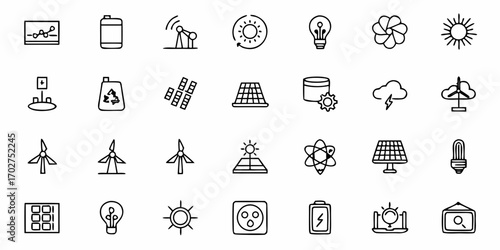 Sustainable energy solutions and eco-friendly power sources, a collection of clean renewable energy icons promoting a greener future, all in a clean line art style