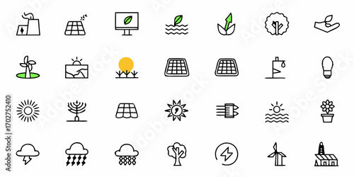 Clean energy icons symbolize sustainability and innovation for environmental projects, showcasing solar power, wind energy, and eco-friendly solutions for a greener future