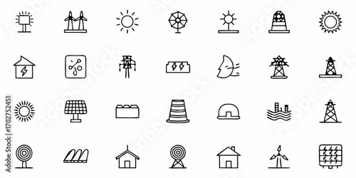 Empowering the Future with Clean Energy Icons: A Collection of Renewable Energy Sources and Sustainable Technologies for a Greener Tomorrow, Originally a Vector Graphic