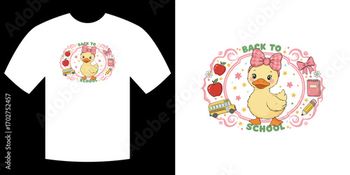School Duckling: An endearing illustration of a cheerful duckling, adorned with a bow, embodies the excitement of a new school year, with playful design perfect for educational projects.