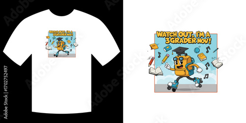 3rd Grade T-Shirt Design: A vibrant design of a t-shirt showcases a running animated object,  wearing a graduation cap and eyeglasses with some scattered educational tools around them on the shirt.